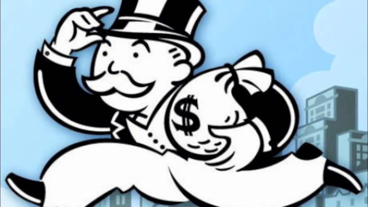 Monopoly man running with a bag of cash