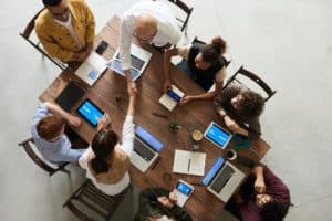 aerial view of people sitting at a table