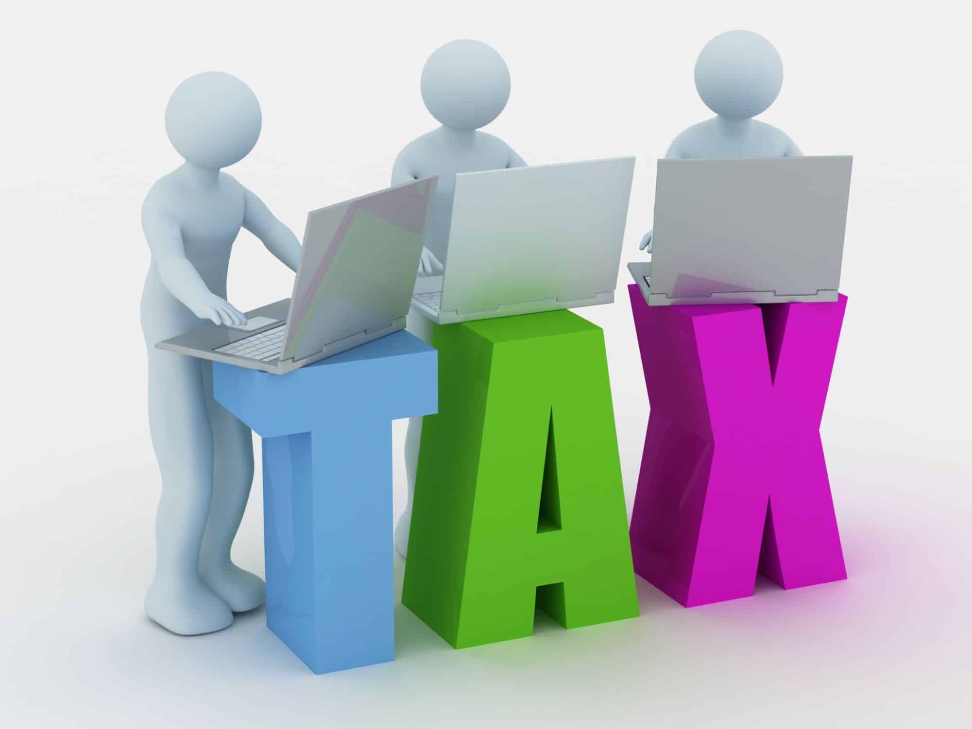 image of 3 people on laptops on top of a tax sign