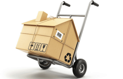moving box in shape of a house on a handtruck