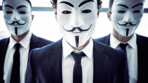 3 people wearing Guy Fawkes masks