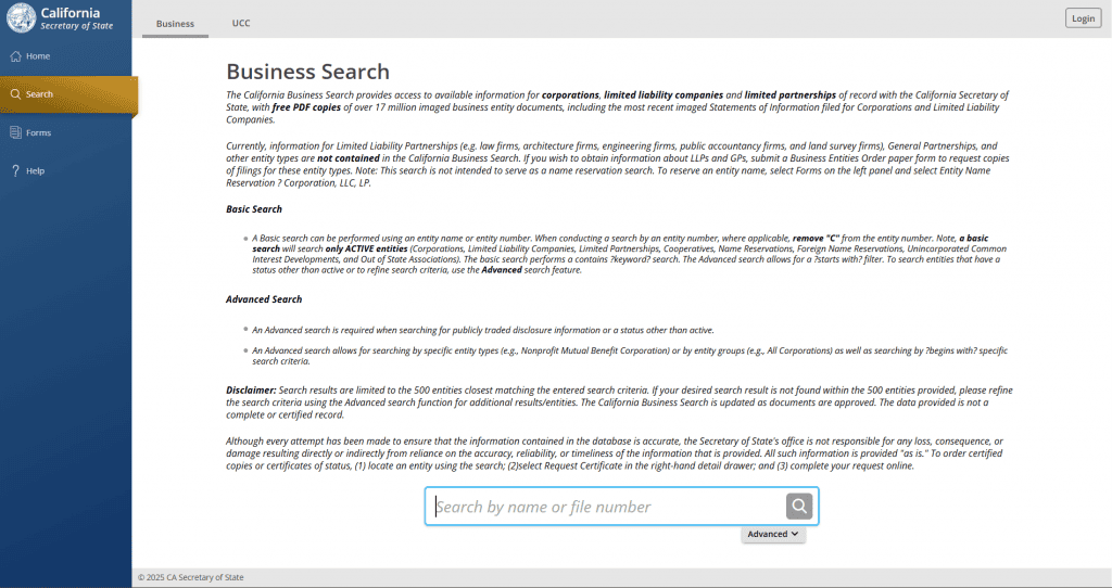 Screenshot of the California Business Entity Search tool
