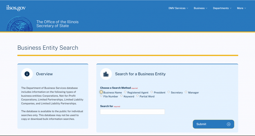 Screenshot of the Illinois Business Entity Search Tool