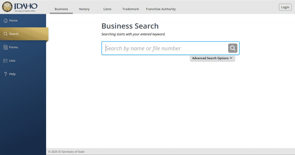 Screenshot of the Idaho Business Entity Search tool