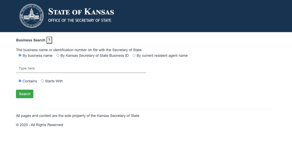 Screenshot of the Kansas Business Entity Search tool
