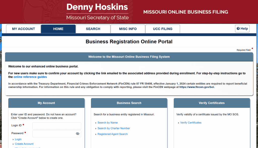 Screenshot of the Missouri online business filing portal.