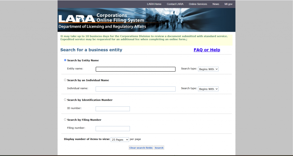 Screenshot of the Michigan Business Entity Search tool