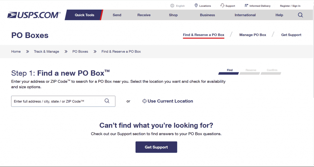 Image of the Postal Service website showing how much does a po box cost