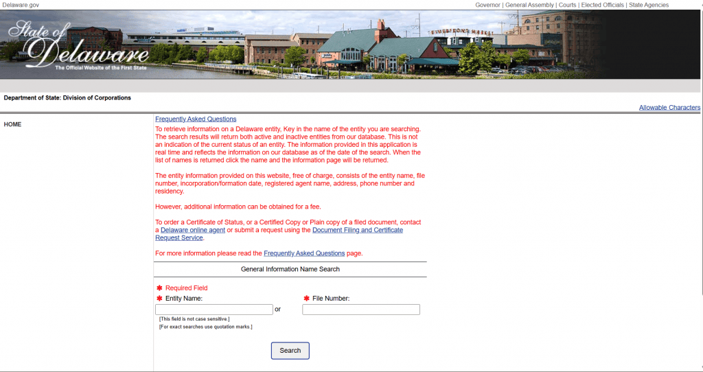 Screenshot of the Delaware Business Entity Search tool