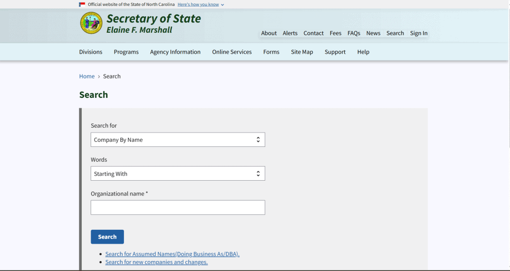 Screenshot of the North Carolina Business Entity Search tool