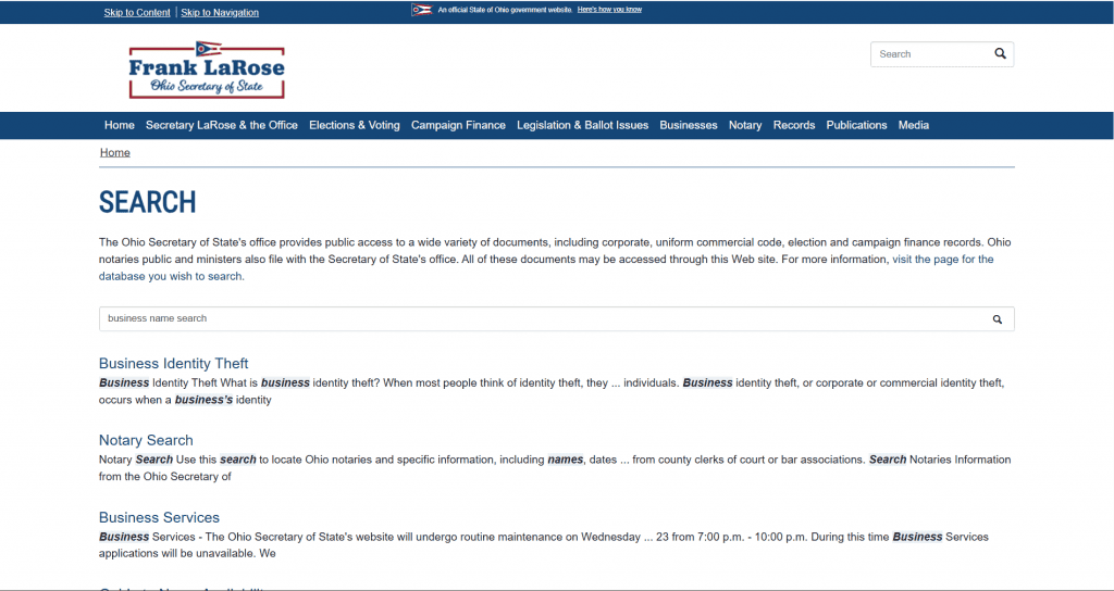 Screenshot of the Ohio Business Entity Search tool