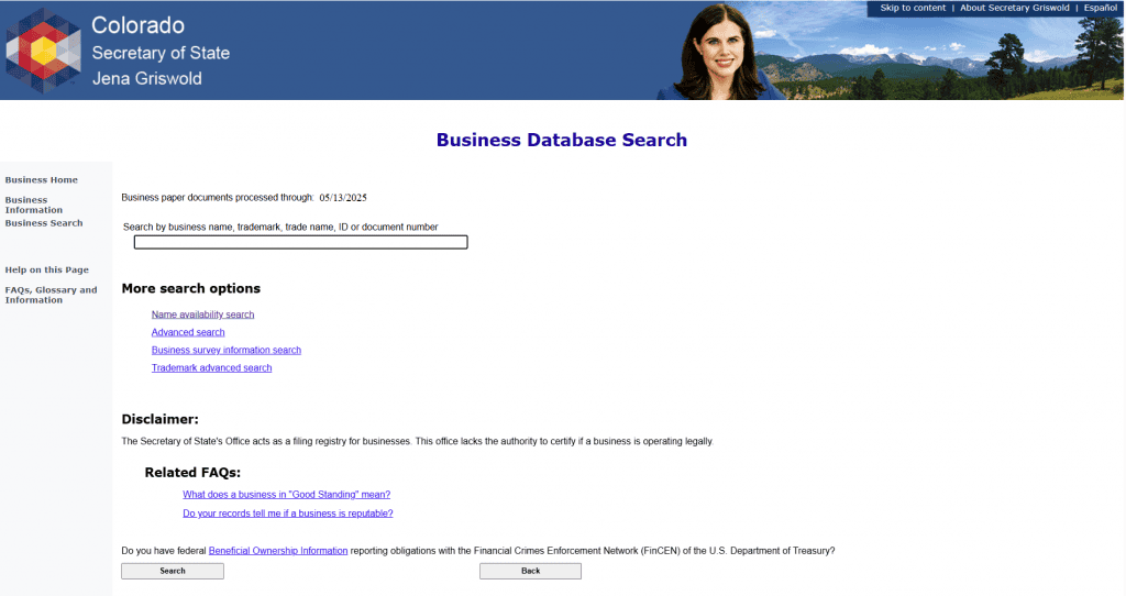 Screenshot of the Colorado Business Entity Search tool