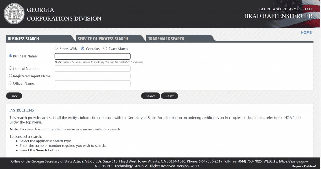 Screenshot of the Georgia Business Entity Search tool