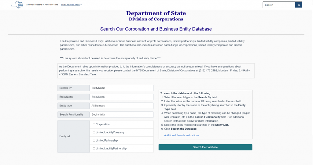 Screenshot of the New York Business Entity Search tool