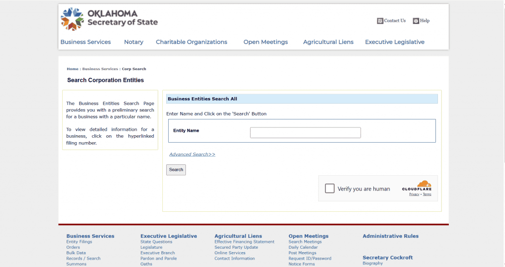 Screenshot of the Oklahoma Business Entity Search tool