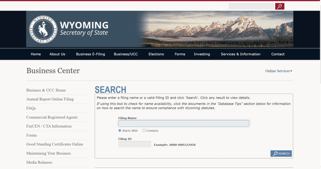 Screenshot of the Wyoming Business Entity Search tool