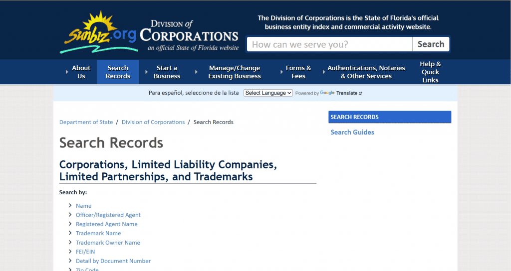 Screenshot of the Florida Business Entity Search tool