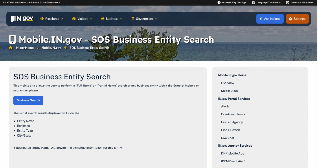 Screenshot of the Indiana Business Entity Search tool