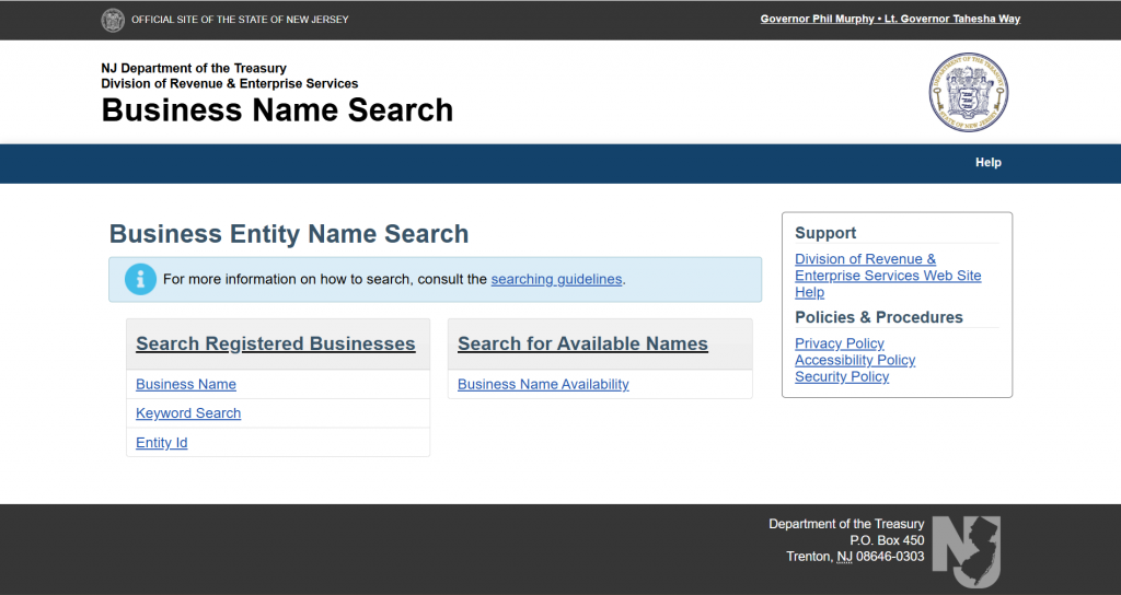 Screenshot of New Jersey Business Entity Search tool