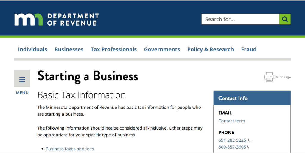 Screenshot of the Minnesota Business Entity Search tool