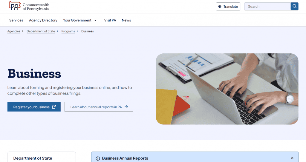 Pennsylvania Business Entity Search Screenshot of the Pennsylvania Business Entity Search tool