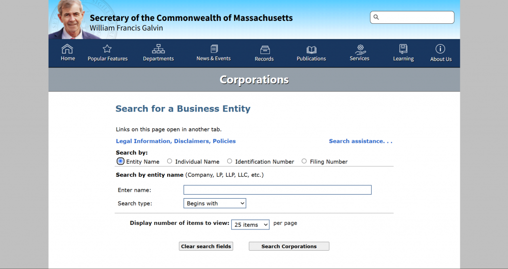 Screenshot of the Massachusetts Business Entity Search tool