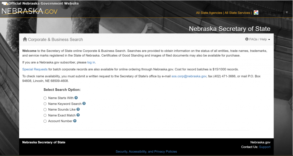 Screenshot of the Nebraska Business Entity Search tool
