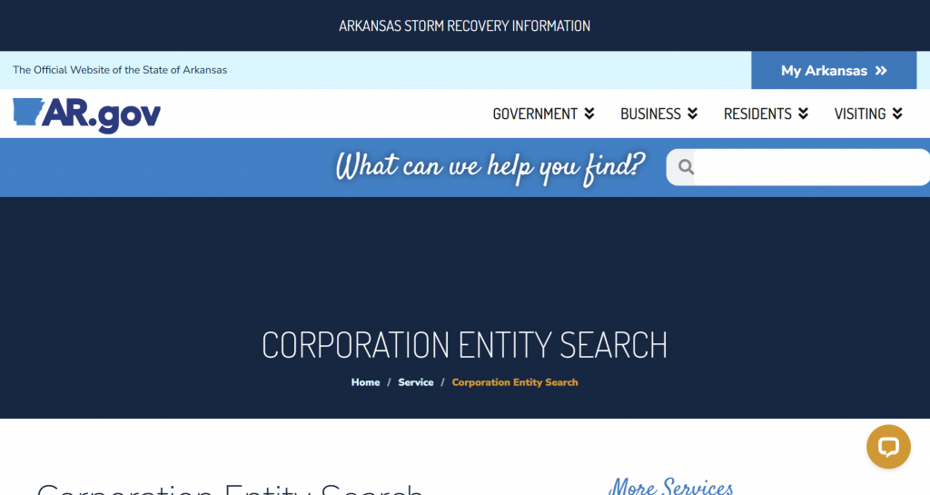 Screenshot of the Arkansas Business Entity Search tool