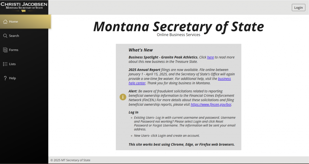 Screenshot of the Montana Business Entity Search