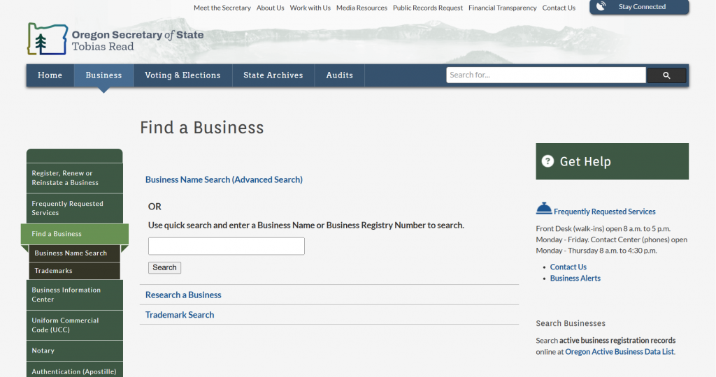 Screenshot of the Oregon Business Entity Search Tool