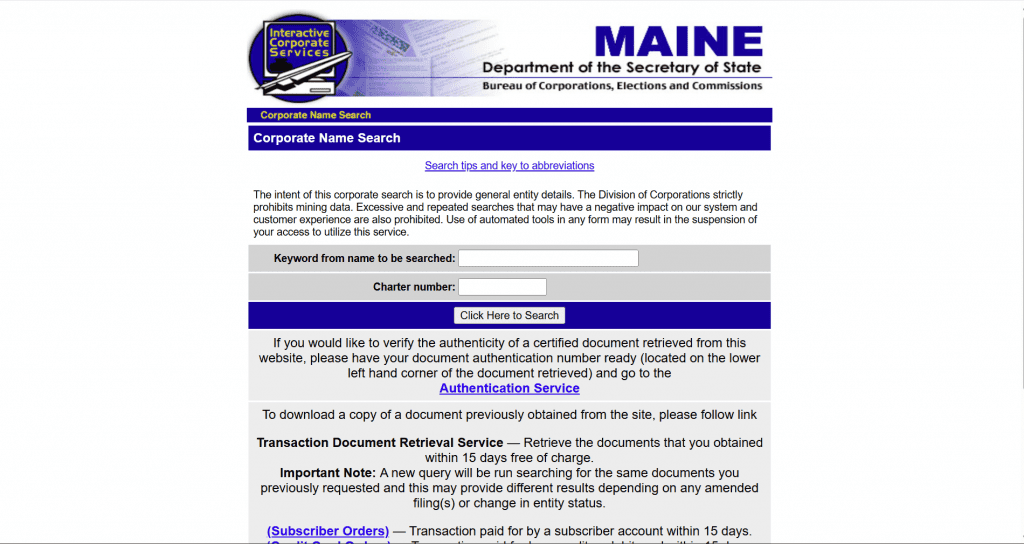 Maine Business Entity Search Screenshot of the Maine Business Entity Search Tool