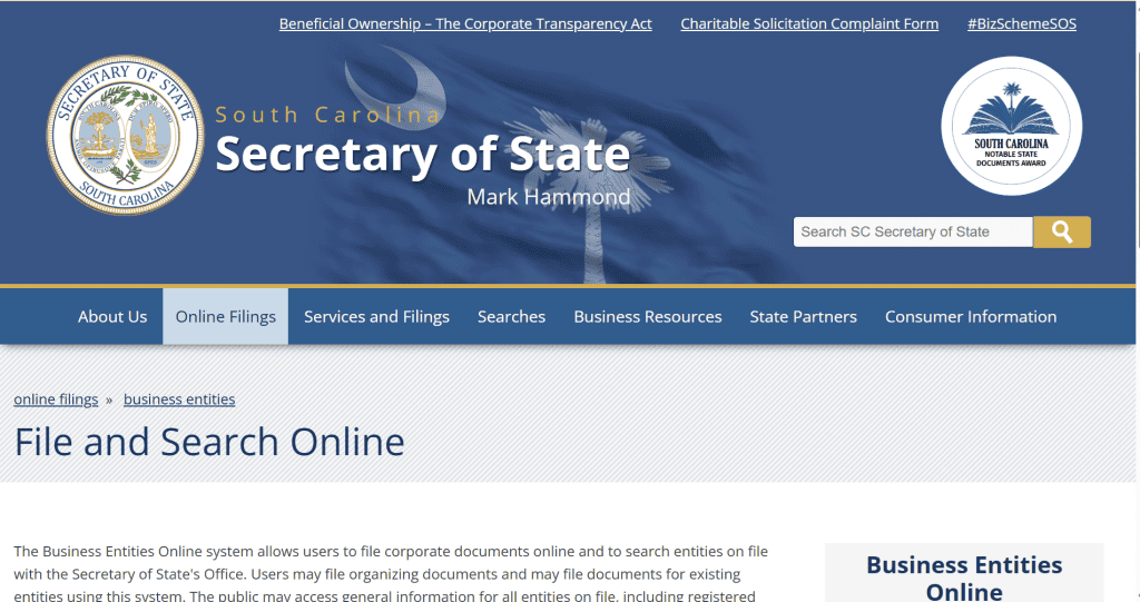 Screenshot of the South Carolina Business Entity Search Tool