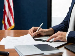 man sitting at a table signing a document