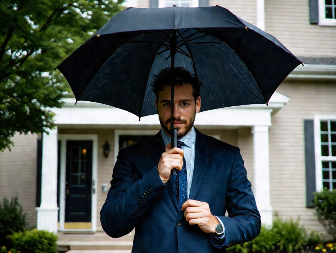 Man in a suit holding an umbrella in front of a house, symbolizing real estate risk protection.