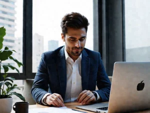 Man sitting at his computer in front of a window working