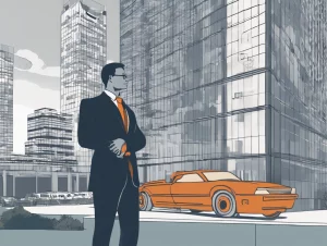 Businessman standing in front of a car in a downtown cityscape, representing financial security and LLC asset protection.