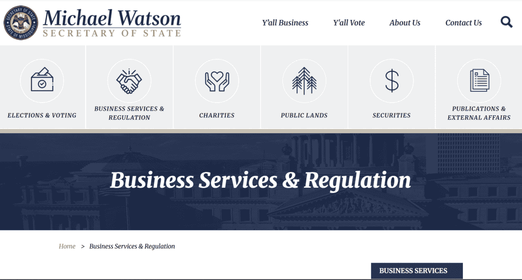 Screenshot of the Mississippi business entity search tool