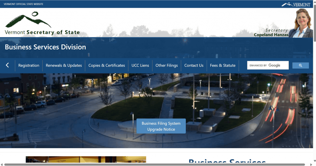 Screenshot of the website for doing a Vermont business entity search
