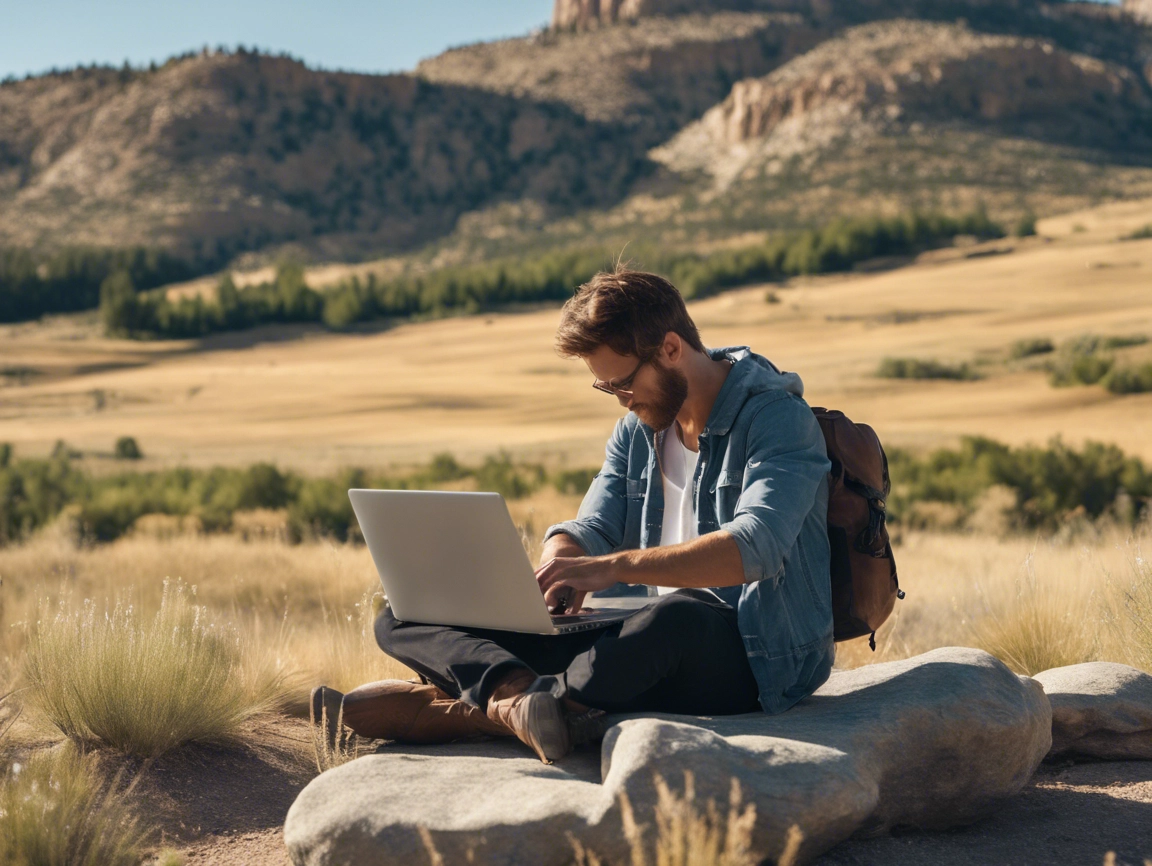 Digital nomad working remotely on a laptop while sitting in a grassy field.