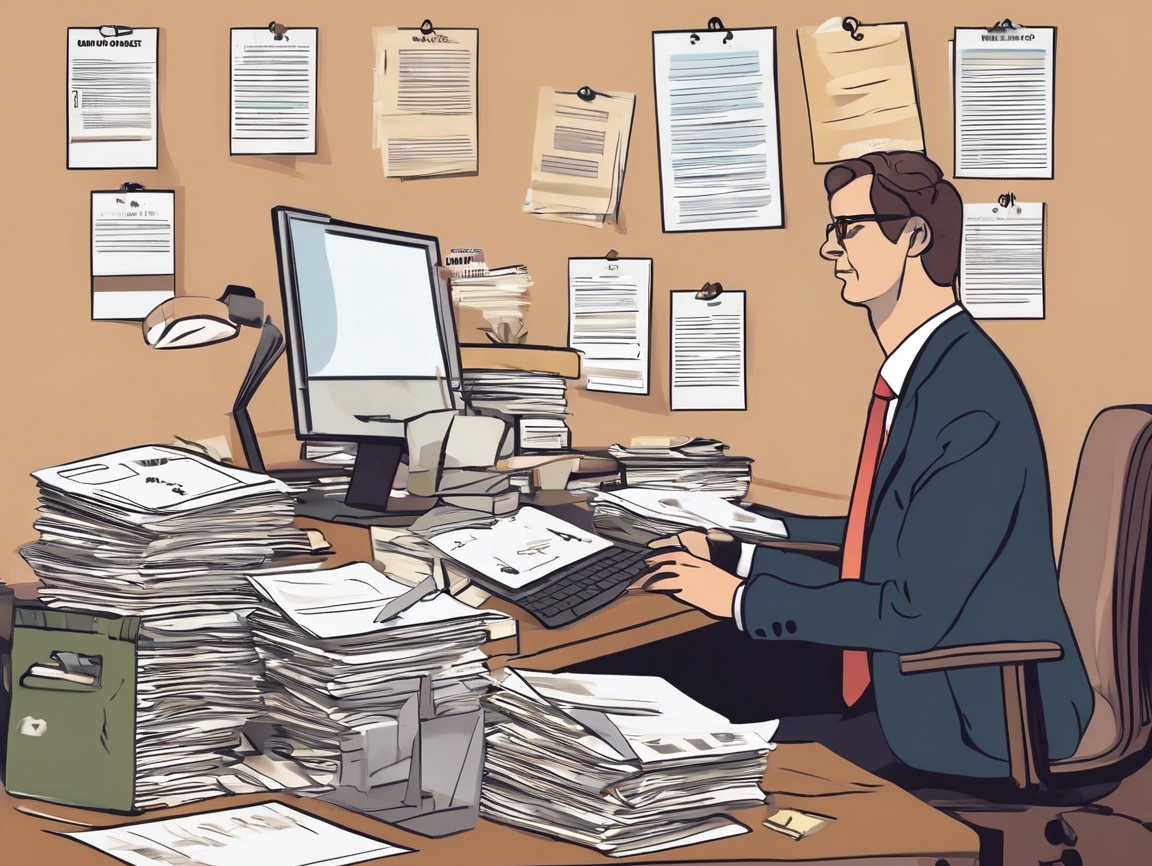 A man sitting at his desk surrounded by stacks of paperwork, working on his BOIR filing to meet the March 21, 2025 deadline.