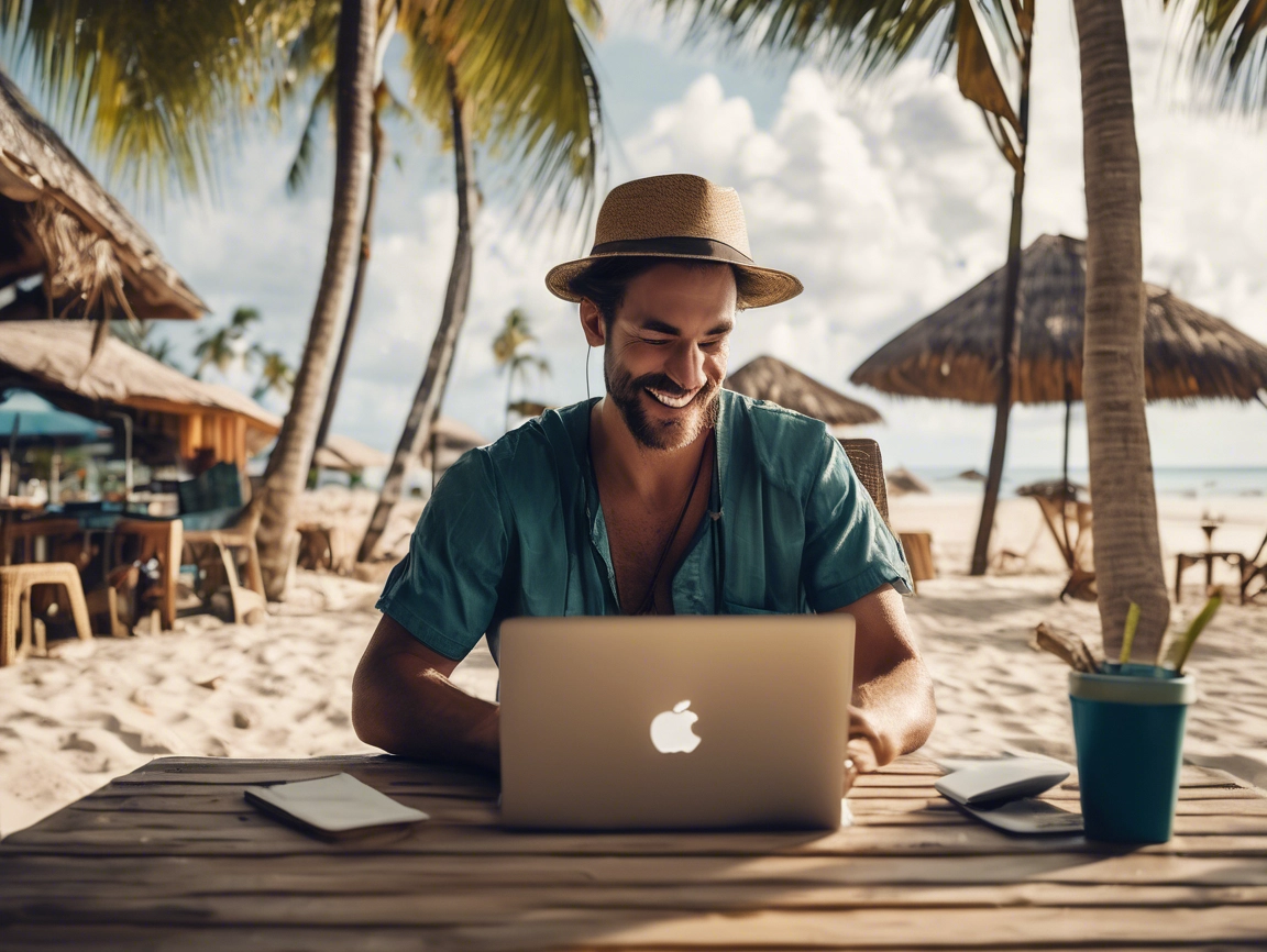 Digital nomad using virtual mailbox service while working remotely at beach