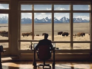 Entrepreneur at desk overlooking mountains and buffalo, considering the best state to open an LLC for Europeans.