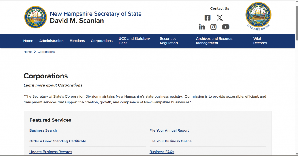 Screenshot of the New Hampshire business entity search page