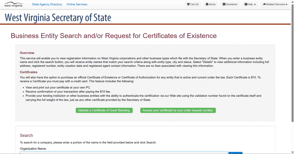 Screenshot of image of how to do a business entity search in West Virginia
