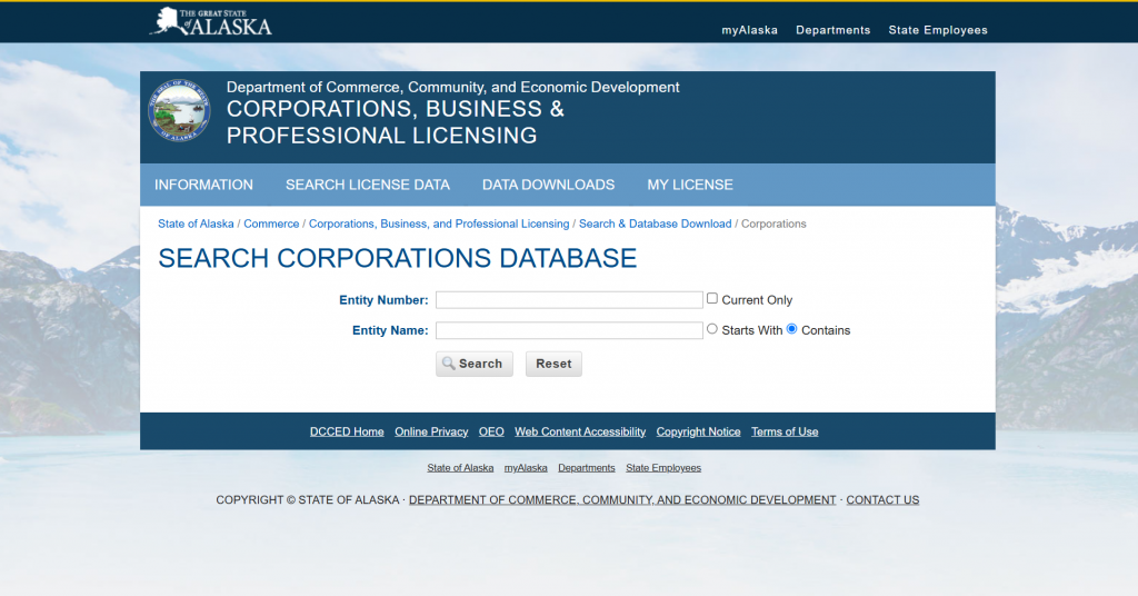 Screenshot of the Alaska state business entity search page