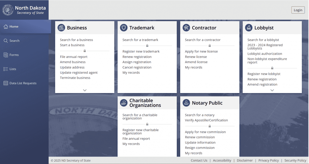 Screenshot of the North Dakota Business Entity Search Tool