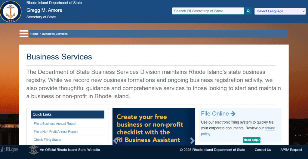 Screenshot of the Rhode Island business entity search page