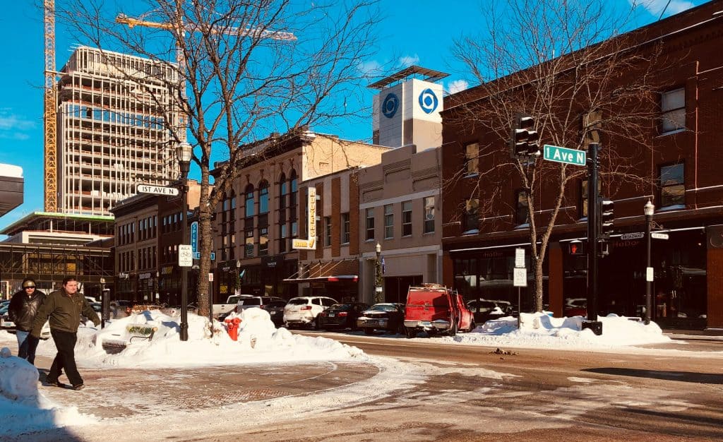 Winter scene of downtown Fargo, North Dakota, representing the concept of a North Dakota business entity search​