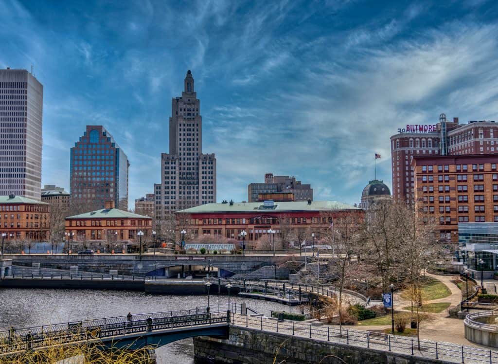 Providence, Rhode Island skyline under a clear blue sky, representing the concept of a Rhode Island Business Entity Search​
