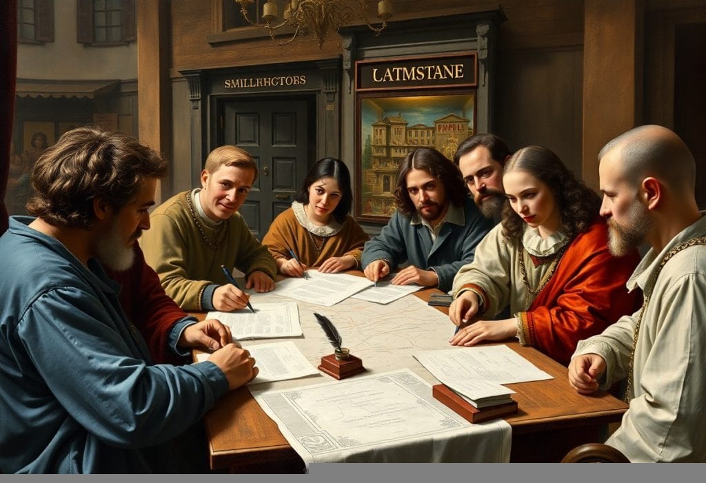 Historical image of several men sitting at a table reviewing a paper document, representing the concept of starting an LLC in Washington​